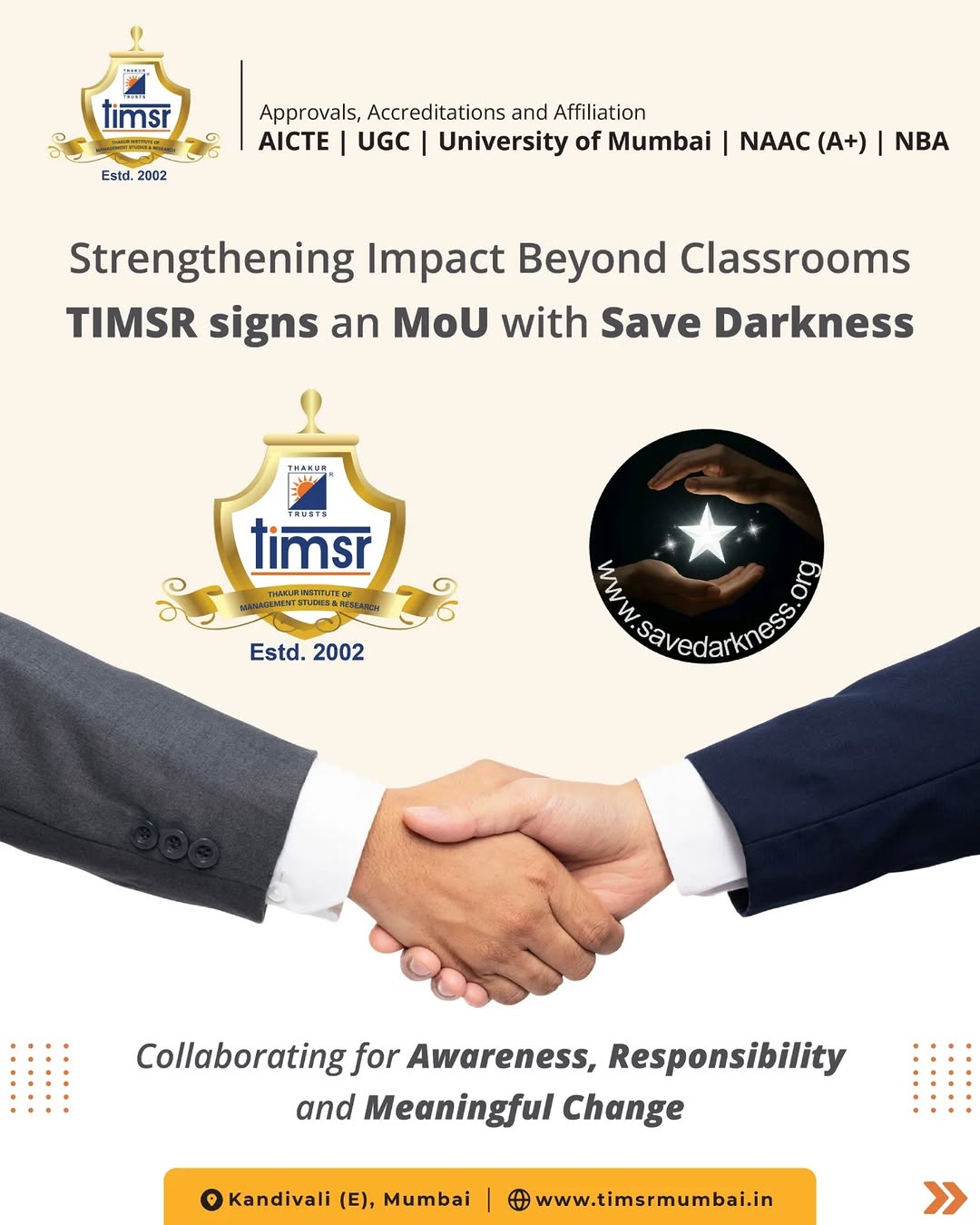 Save Darkness MoU signing with Thakur Institute of Management Studies and Research