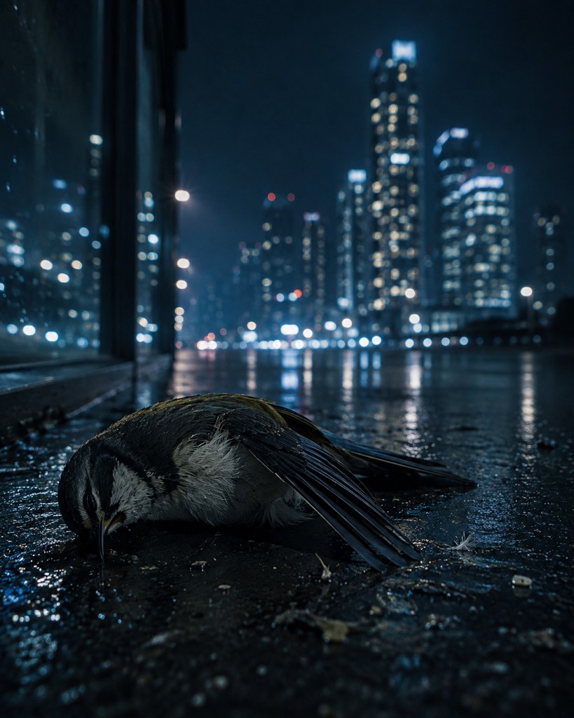 Songbird on wet pavement at night with lit city towers behind