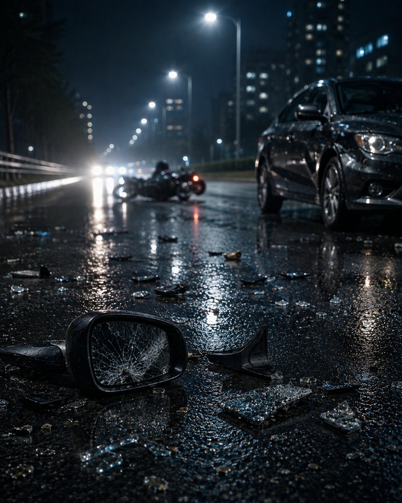 Broken car mirror and glass on a wet night road under bright streetlights