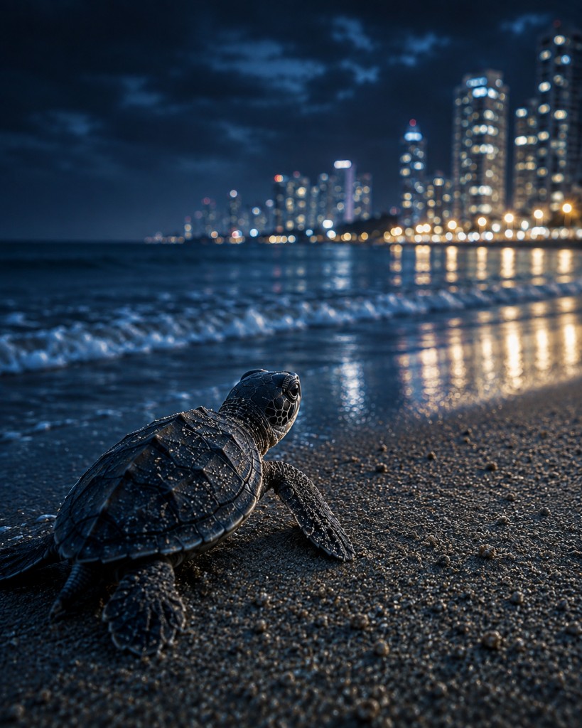 Sea turtle hatchling on a beach with a glowing city skyline behind