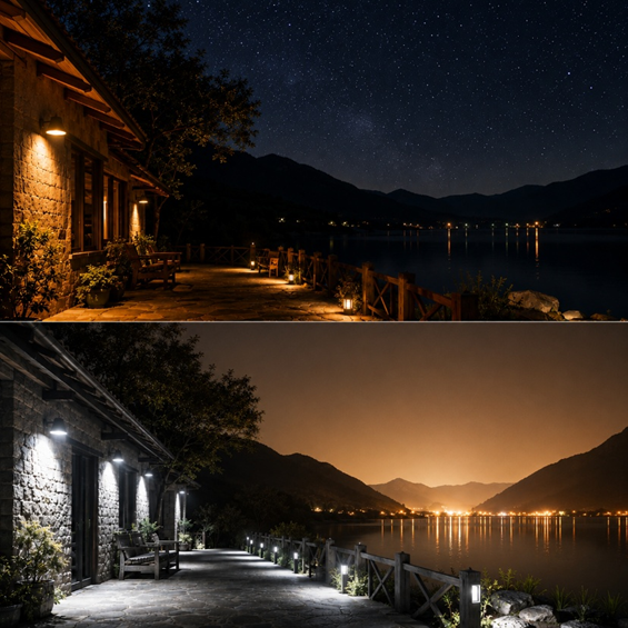 Comparison of a lakeside home with gentle warm lighting and stars versus harsh bright lighting that erases the night sky