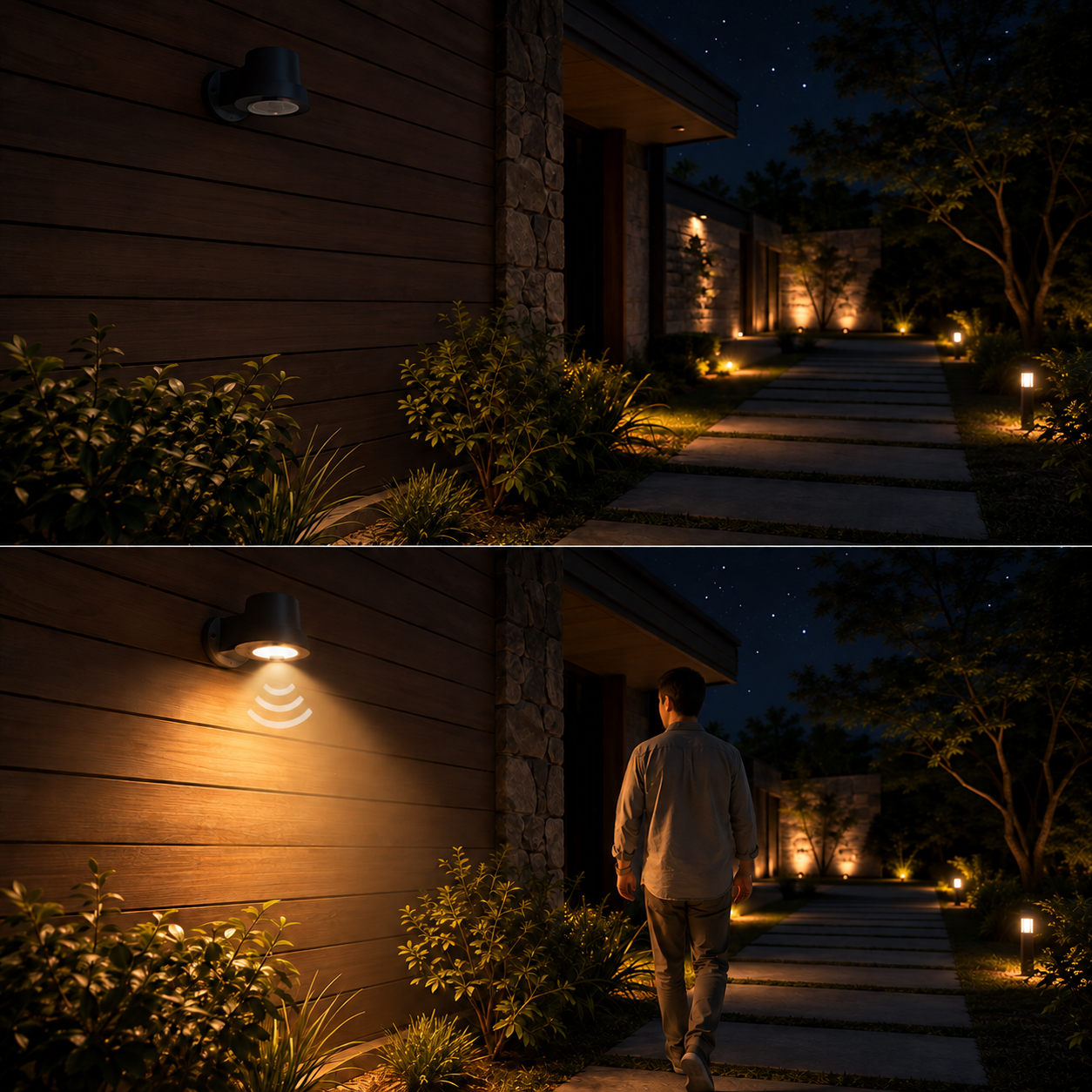 House path with shielded wall light activated by motion as a person walks past