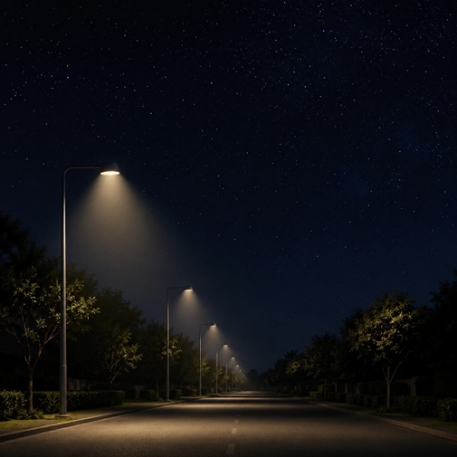 Tree-lined road at night with downward shielded streetlights under a starry sky