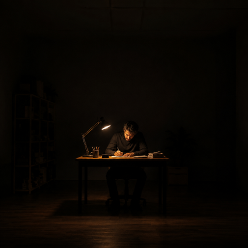 Person writing at a desk lit by a single downward desk lamp in a dark room