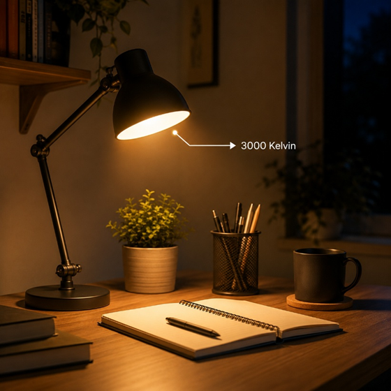 Desk lamp casting warm 3000 Kelvin light onto a notebook in a dark room